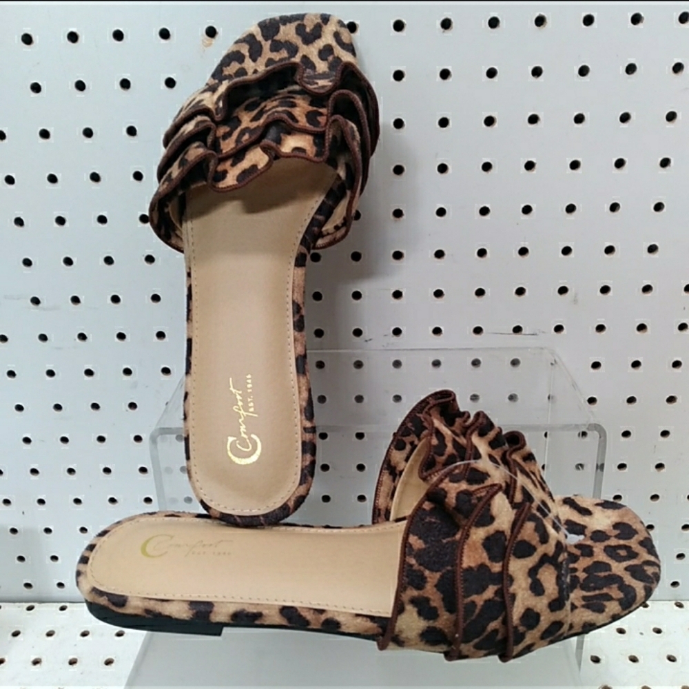 C Comfort | Leaperd Print Sandals | Women's Flat Heel Memory Foam Backless Slide